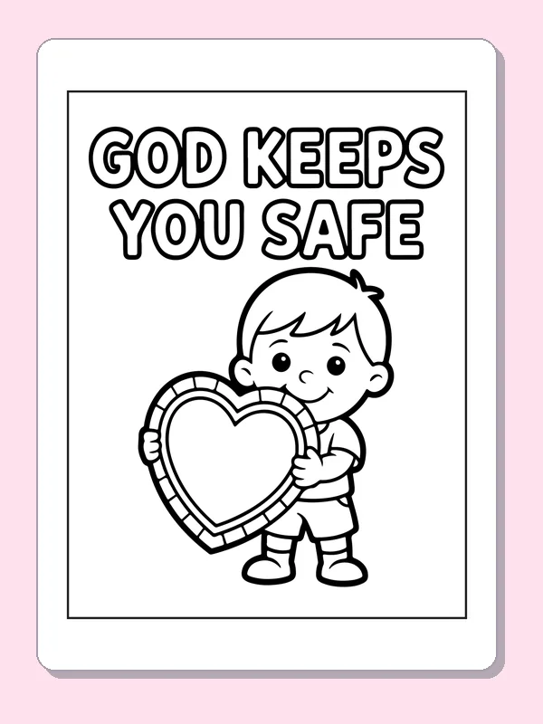 Black and white printable child holding a heart shield coloring sheet