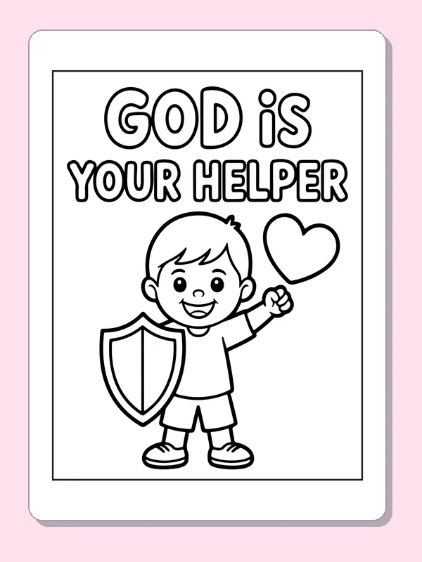 Black and white printable child holding a helper shield coloring sheet