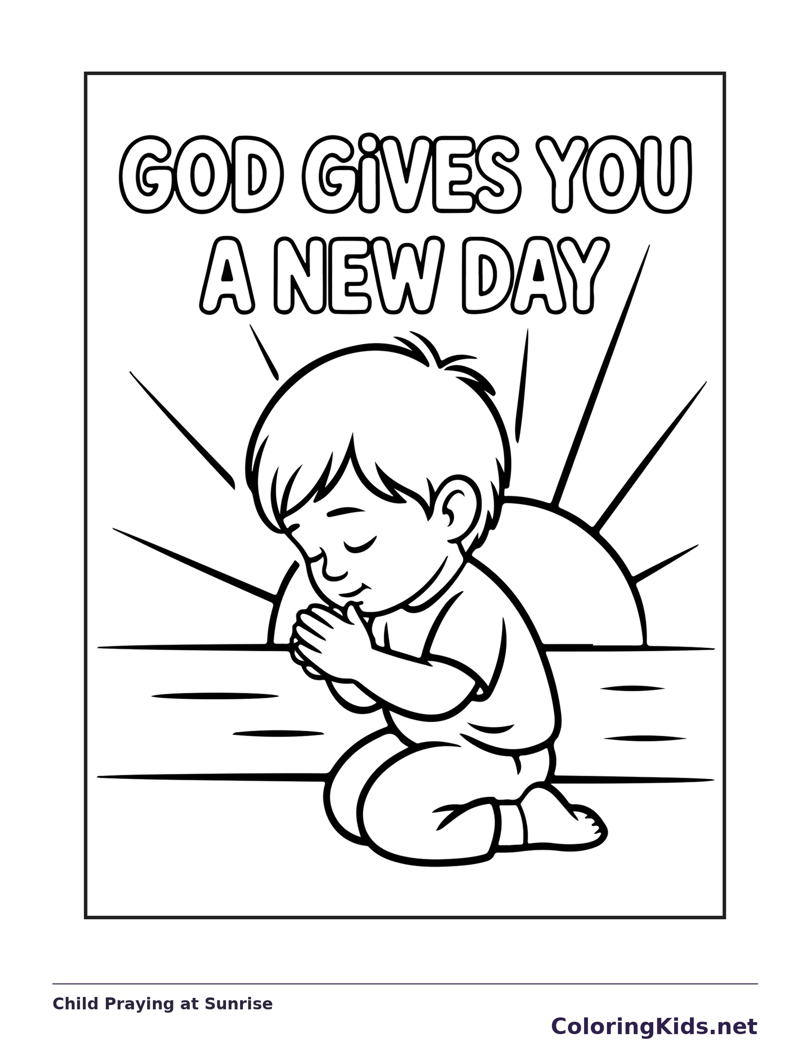 Black and white printable child praying at sunrise coloring sheet