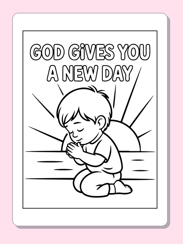 Black and white printable child praying at sunrise coloring sheet