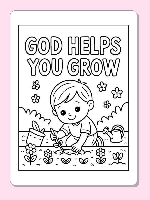 Black and white printable child tending a small garden coloring sheet