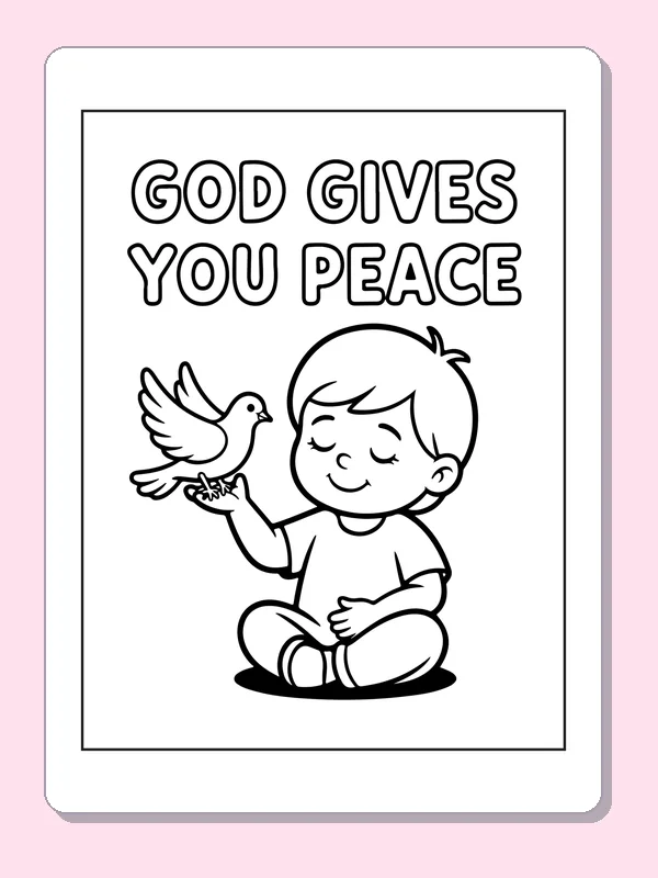 Black and white printable child with a dove of peace coloring sheet