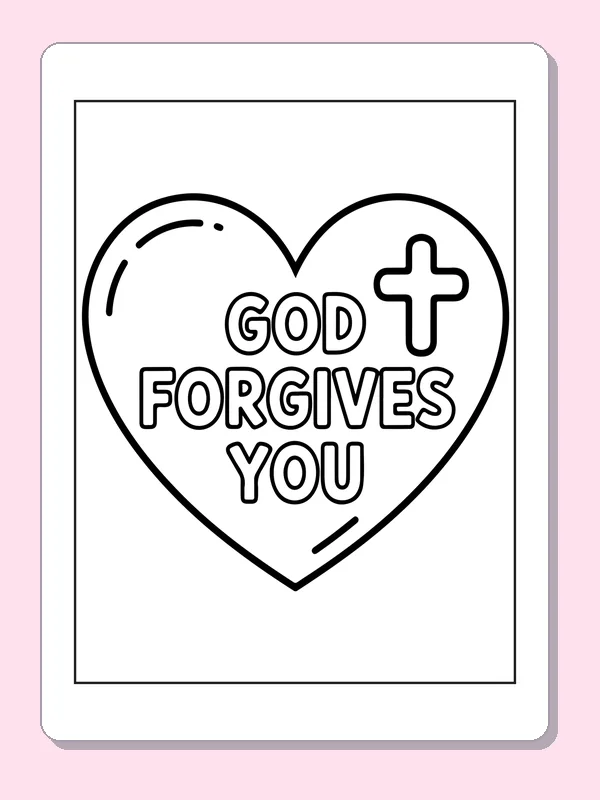 Black and white printable forgiveness heart with a cross coloring sheet