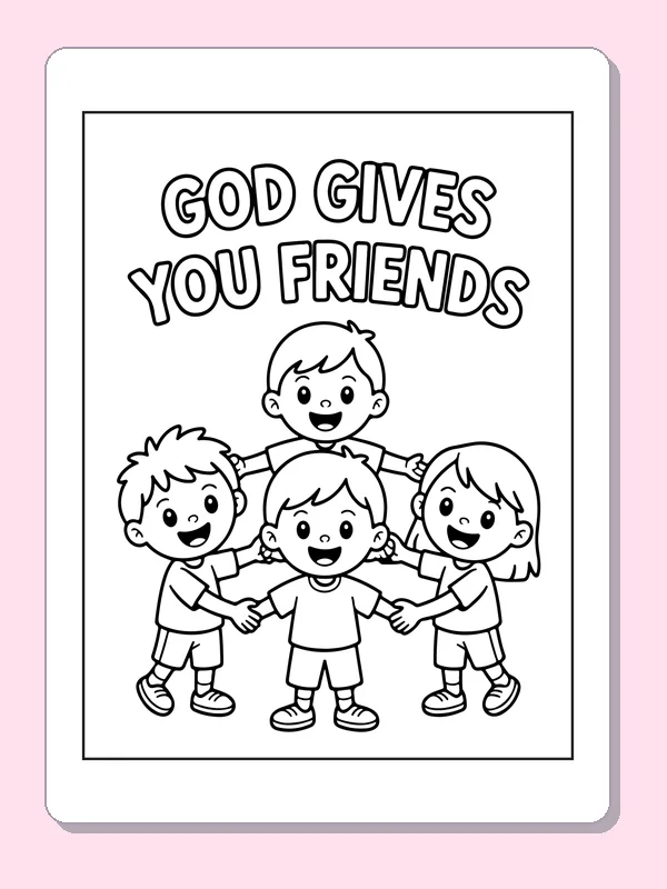Black and white printable friends standing in a circle coloring sheet
