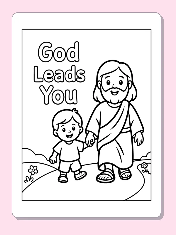 Black and white printable jesus leading a child along a path coloring sheet