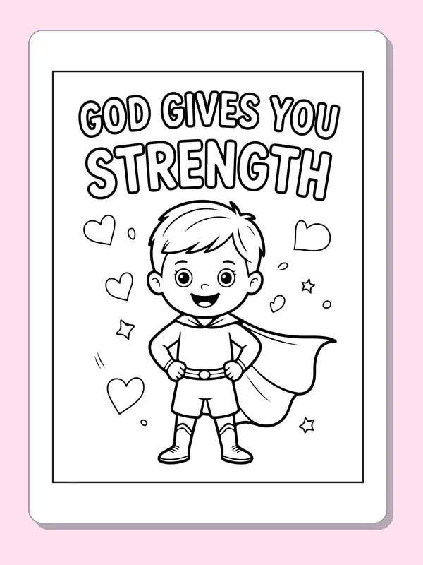 Black and white printable strong child in a cape coloring sheet