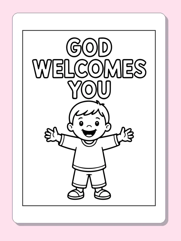 Black and white printable welcoming child with open arms coloring sheet