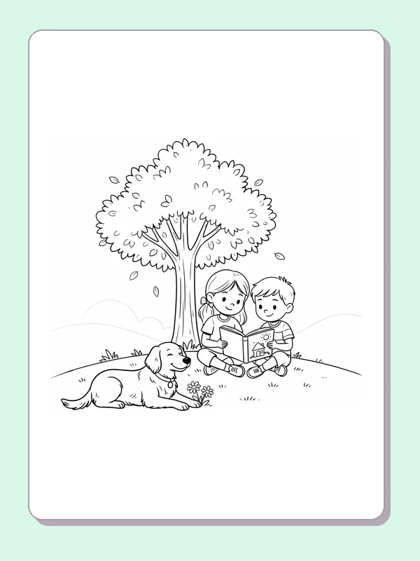 Golden Retriever By A Reading Tree coloring page preview