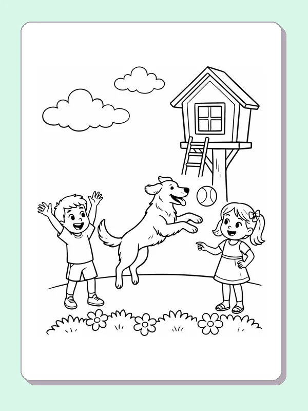 Golden Retriever leaping toward a ball between two children by a treehouse