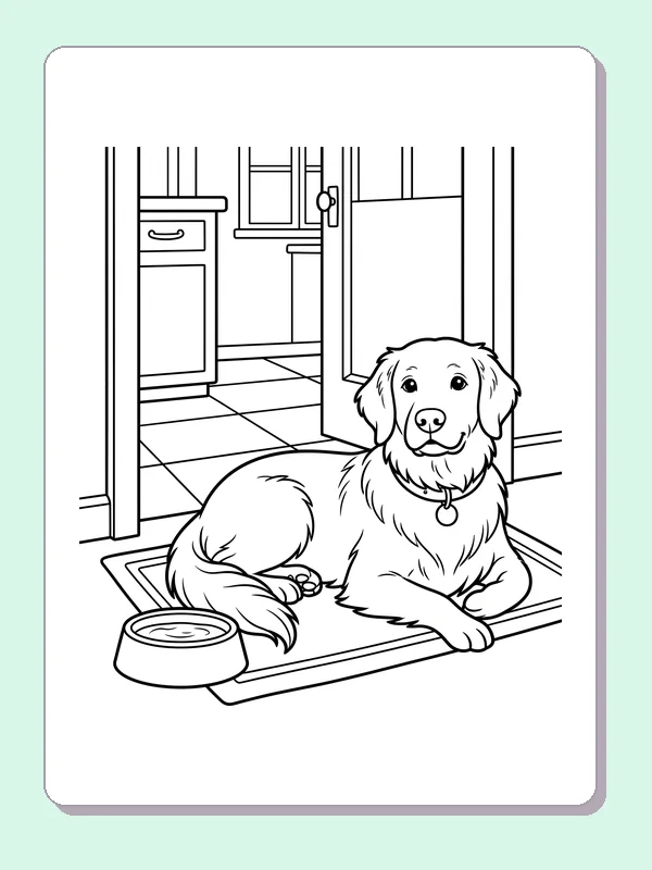 Golden Retriever resting by a kitchen door with a water bowl