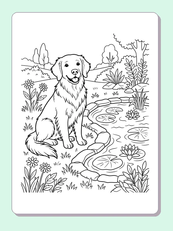 Golden Retriever sitting beside a garden pond with lilies and reeds