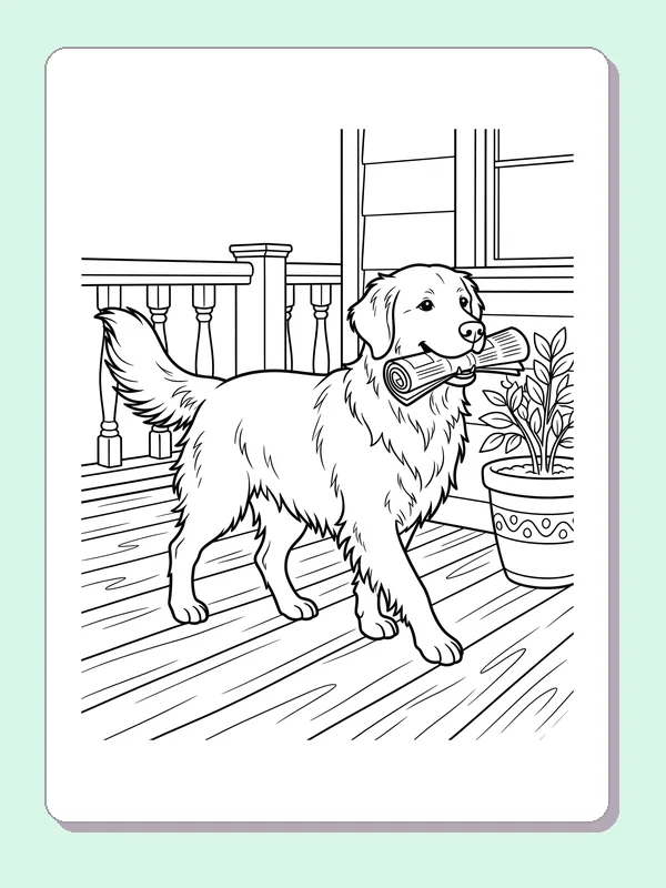 Golden Retriever carrying a rolled newspaper along a front porch
