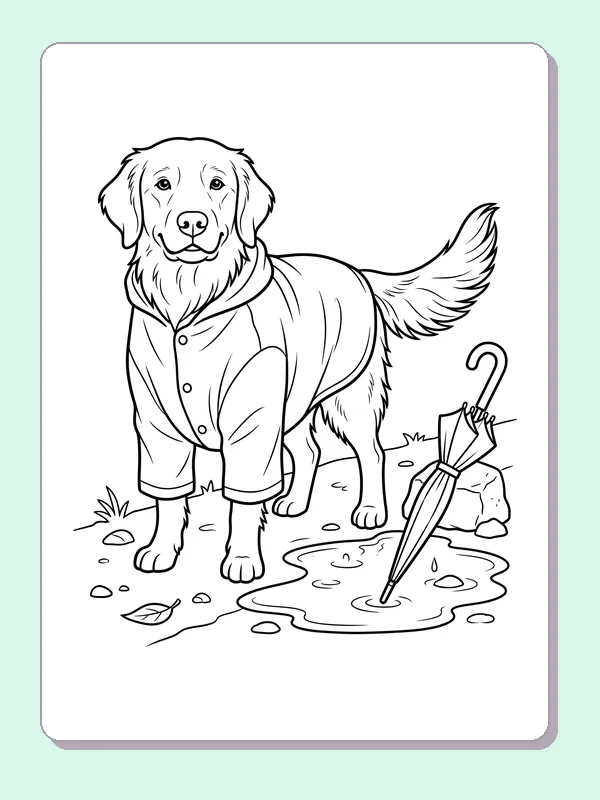 Golden Retriever in a buttoned raincoat beside puddles and an umbrella