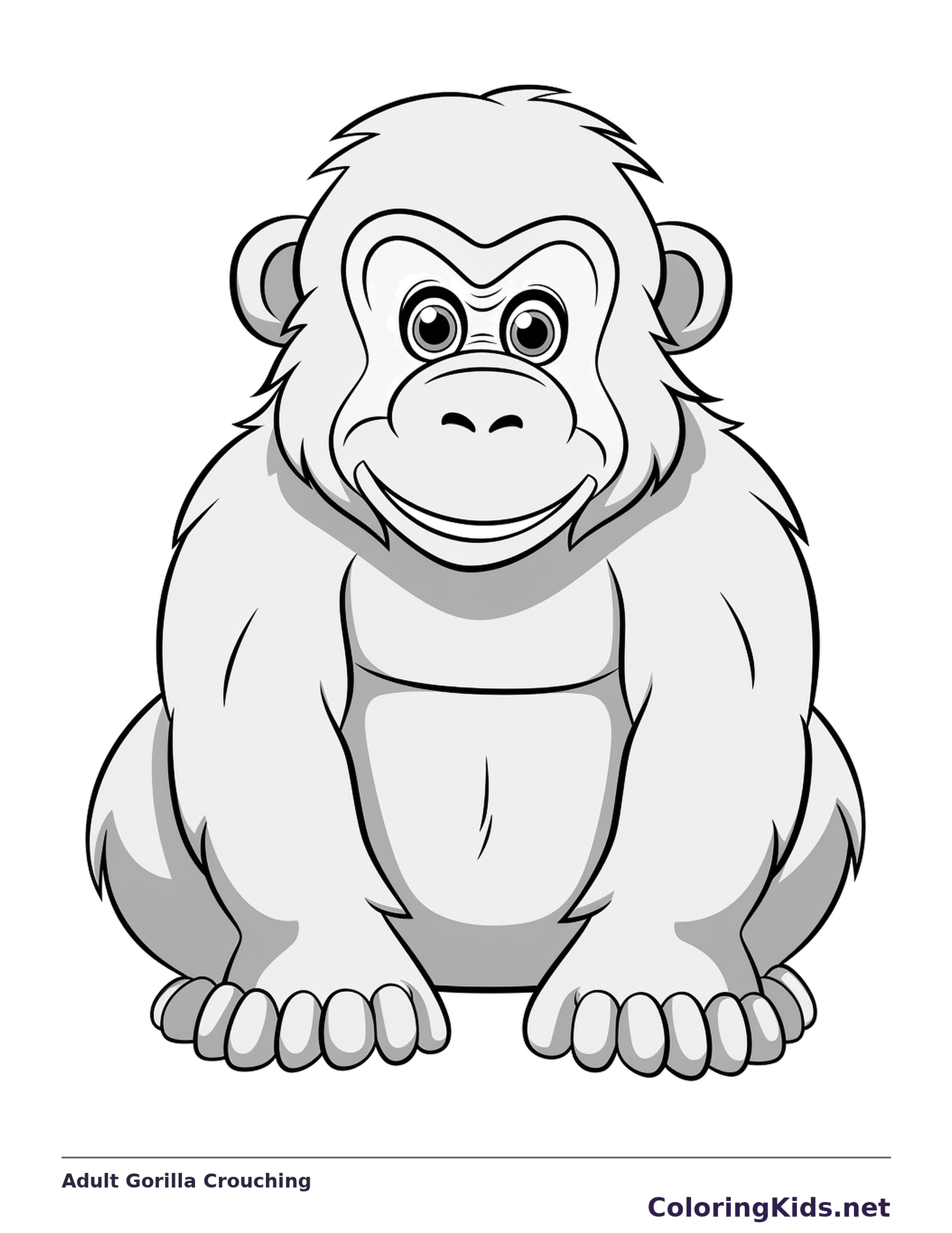Adult Gorilla Crouching gorilla coloring page in black and white line art