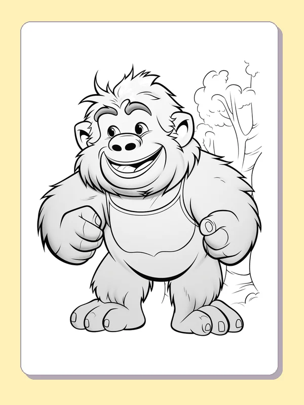 Gorilla Standing by a Tree gorilla coloring page in black and white line art
