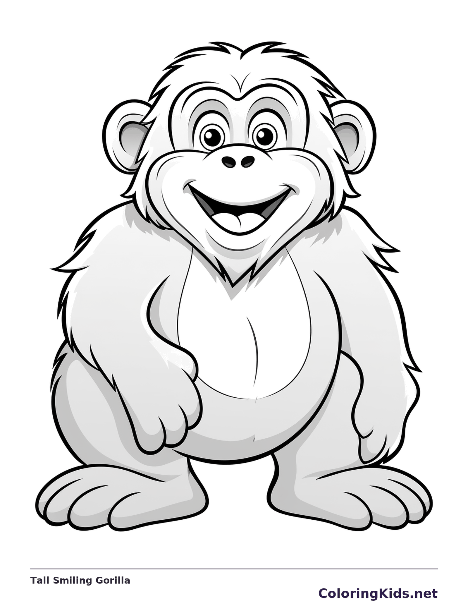 Tall Smiling Gorilla gorilla coloring page in black and white line art