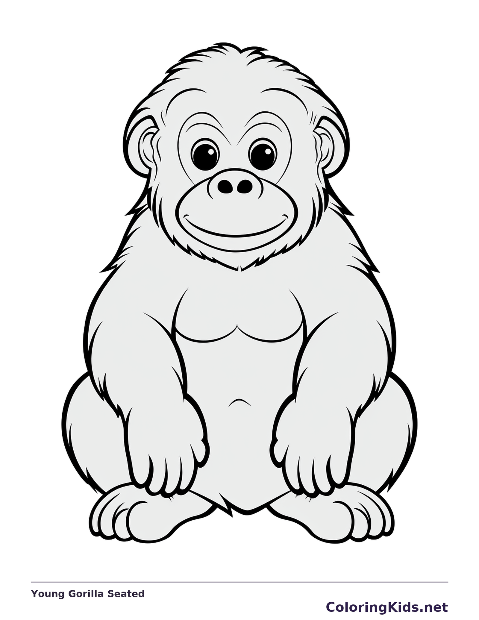 Young Gorilla Seated gorilla coloring page in black and white line art