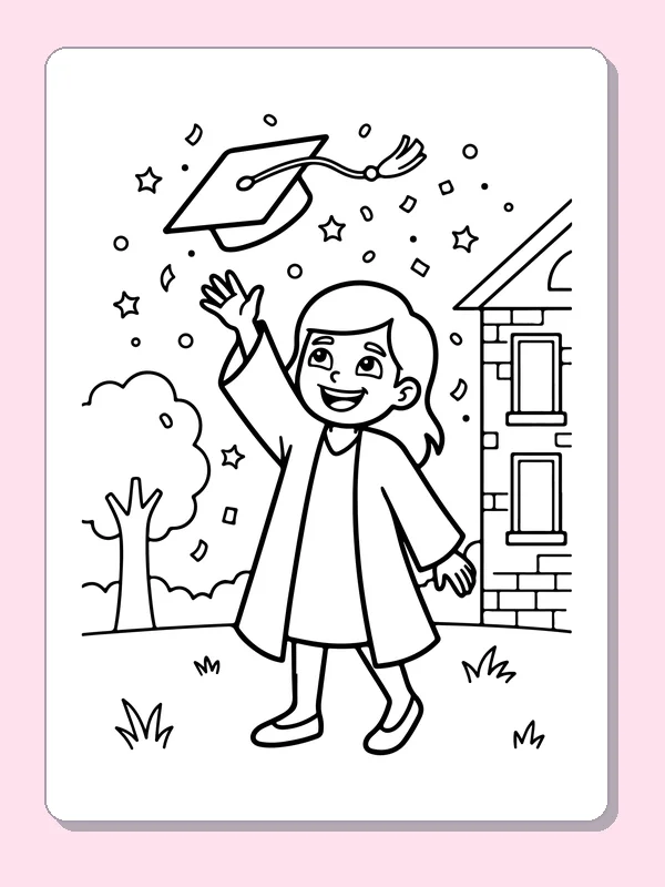 Black and white printable graduation coloring page of a Child in graduation gown tossing a cap near a building and trees