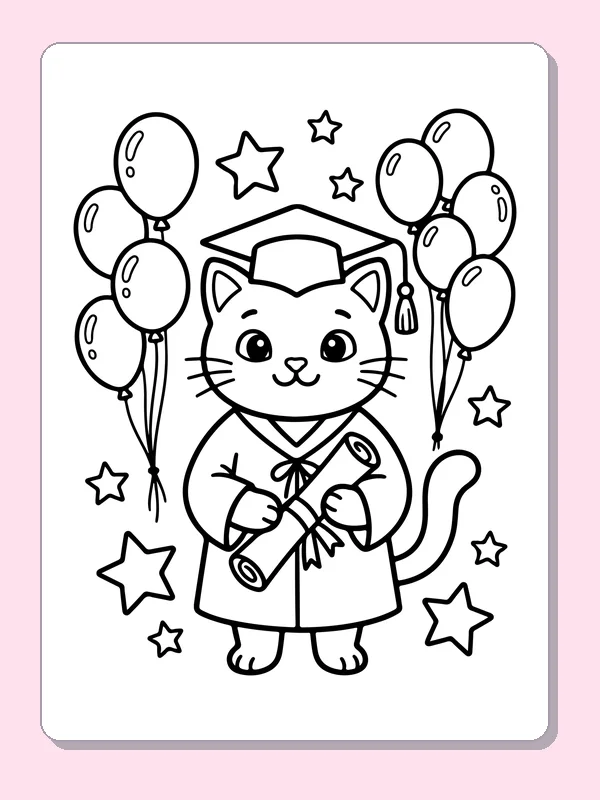 Graduate Cat with Balloons and Stars coloring page preview