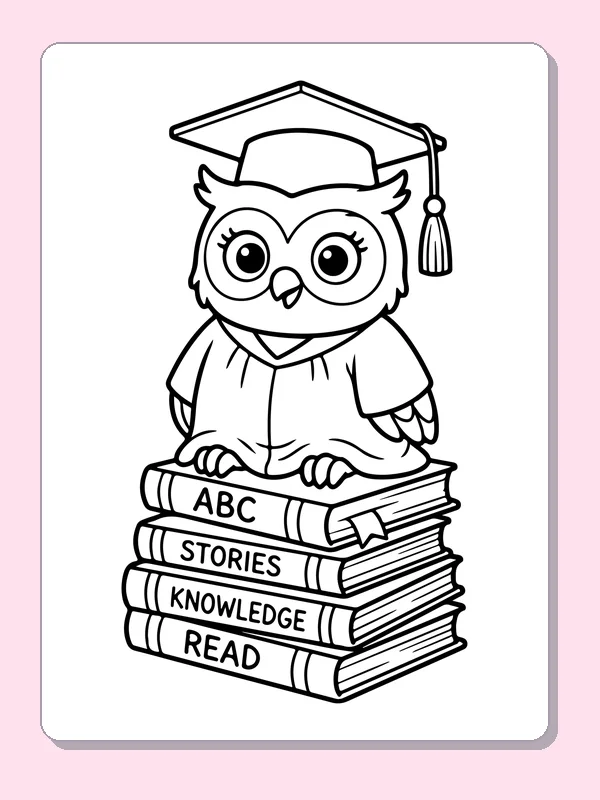 Black and white printable graduation coloring page of a Graduate owl perched on books labeled ABC STORIES KNOWLEDGE READ