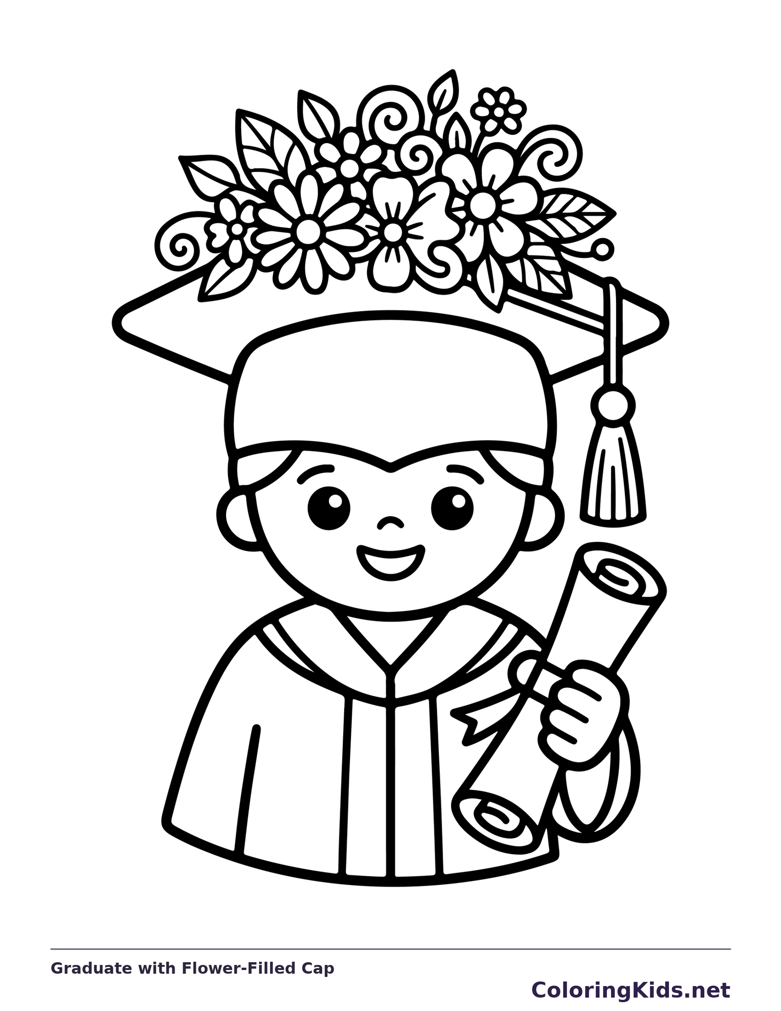 Black and white printable graduation coloring page of a Smiling graduate with scroll and flower-filled graduation cap
