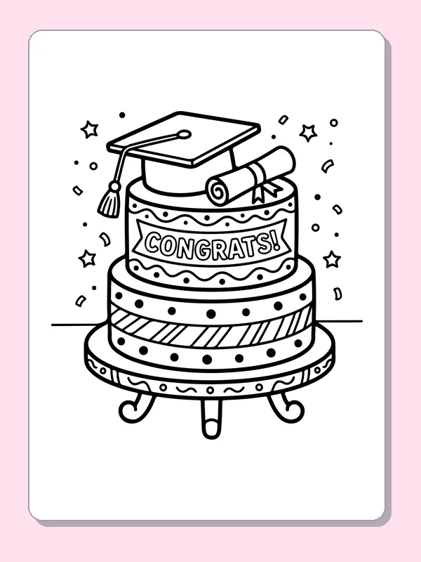 Black and white printable graduation coloring page of a Tiered graduation cake topped with cap and diploma scroll and CONGRATS banner