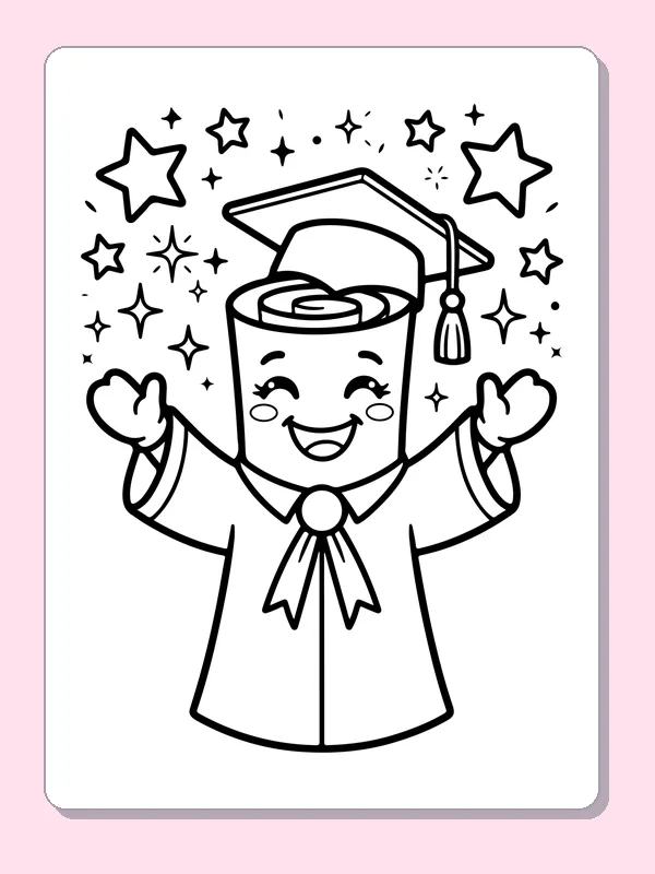 Black and white printable graduation coloring page of a Personified rolled diploma with face, cap, gown and raised hands