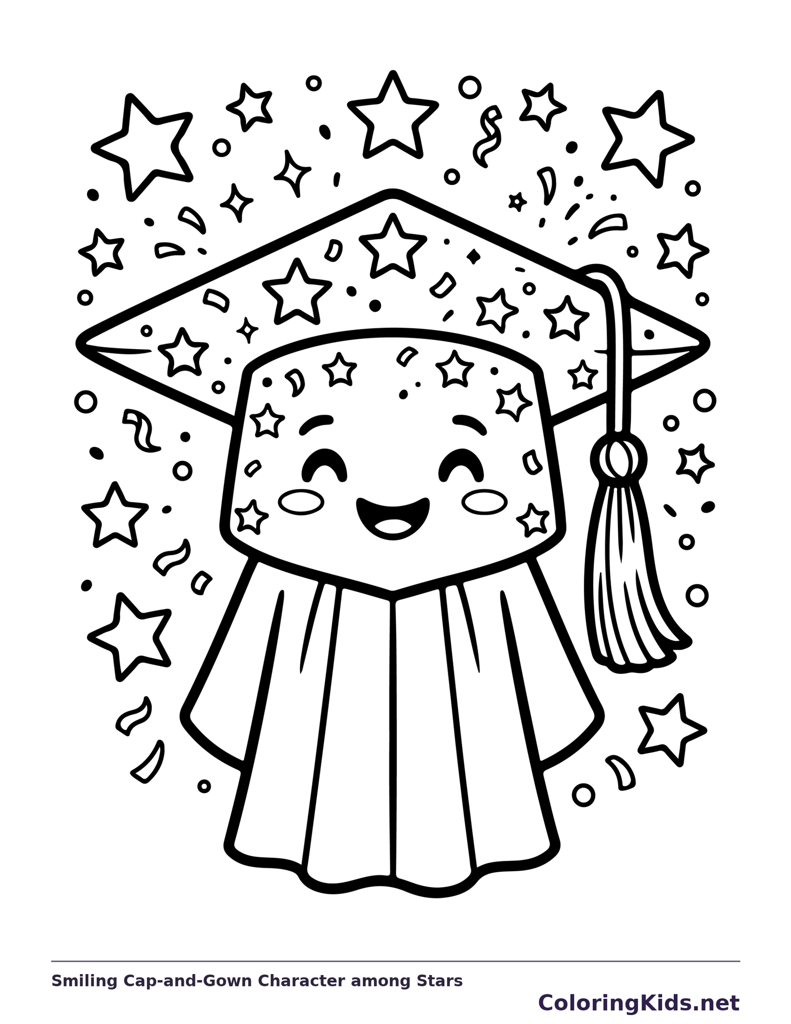 Black and white printable graduation coloring page of a Personified graduation cap and gown smiling among stars and confetti