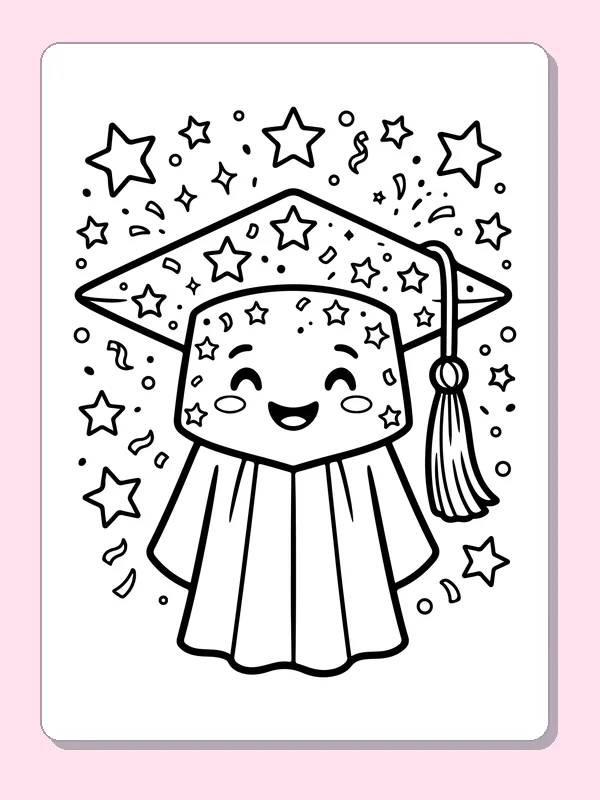 Black and white printable graduation coloring page of a Personified graduation cap and gown smiling among stars and confetti