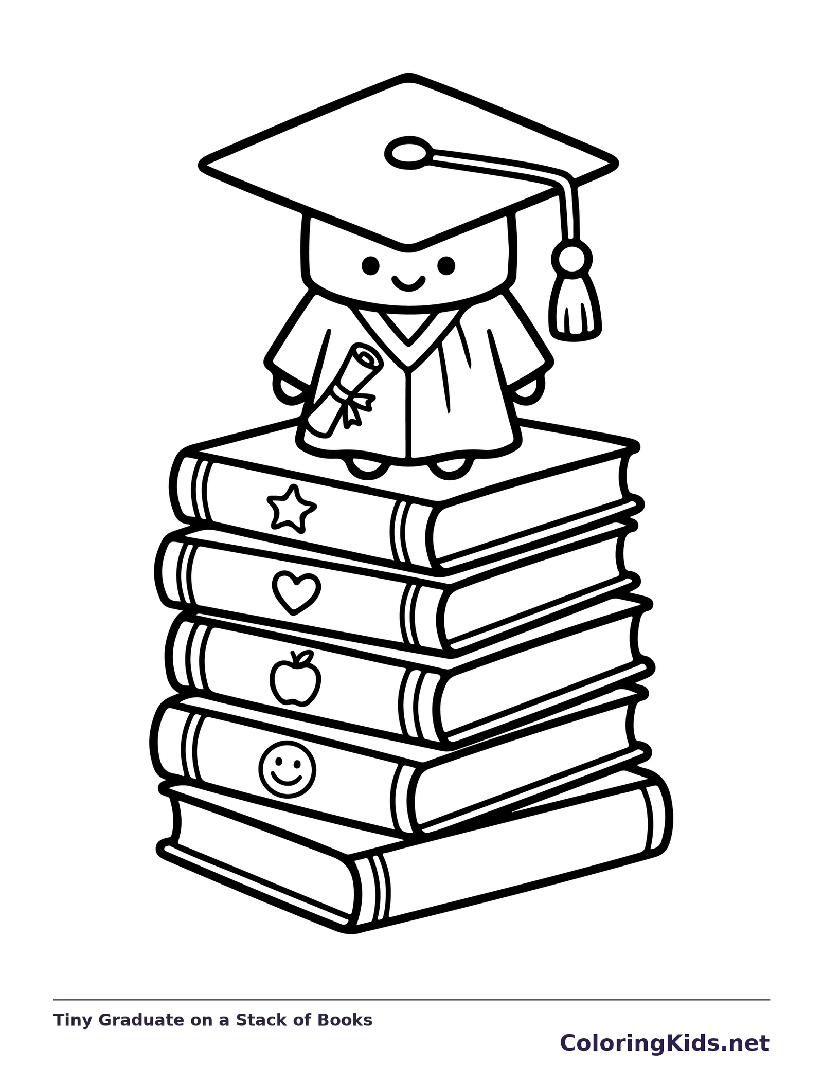Black and white printable graduation coloring page of a Tiny smiling graduation character standing on a stack of symbol-marked books