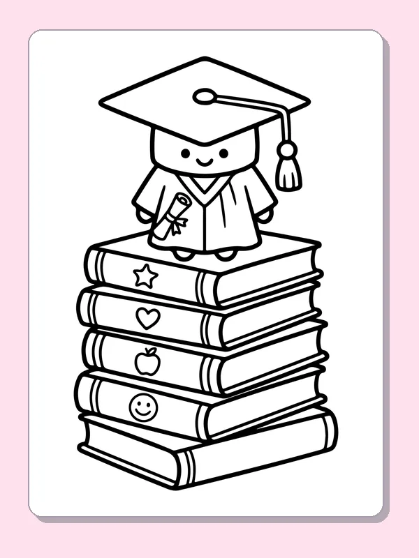 Black and white printable graduation coloring page of a Tiny smiling graduation character standing on a stack of symbol-marked books