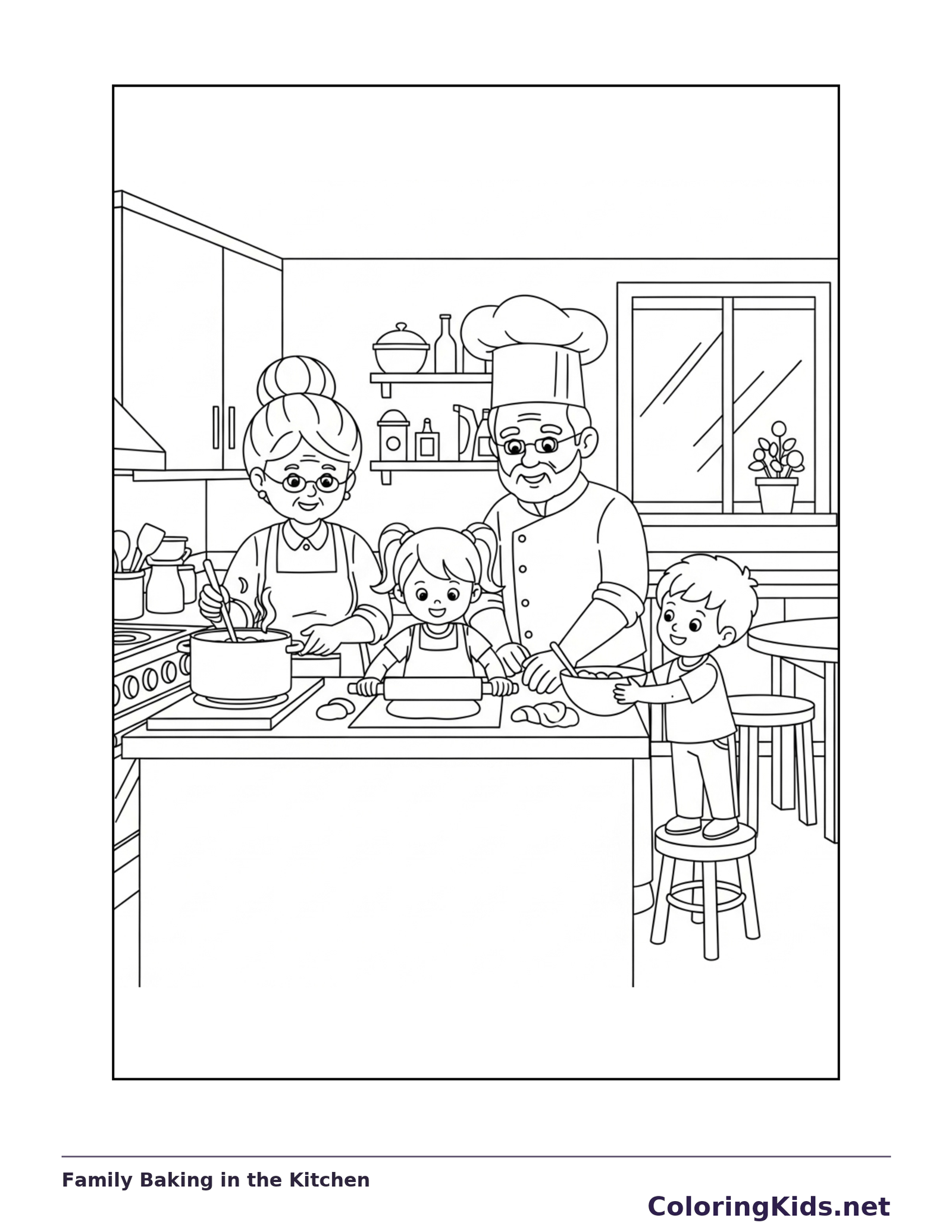 Black and white printable family baking in the kitchen coloring sheet
