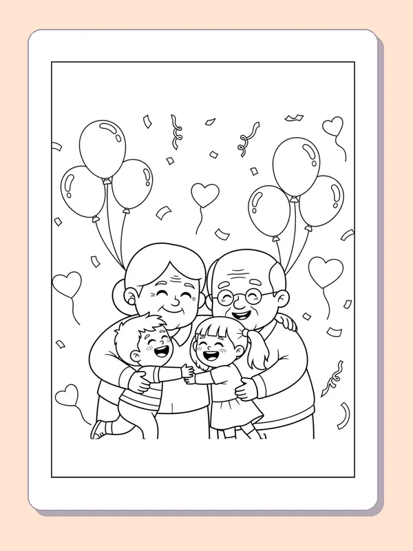 Black and white printable family hug with balloons coloring sheet