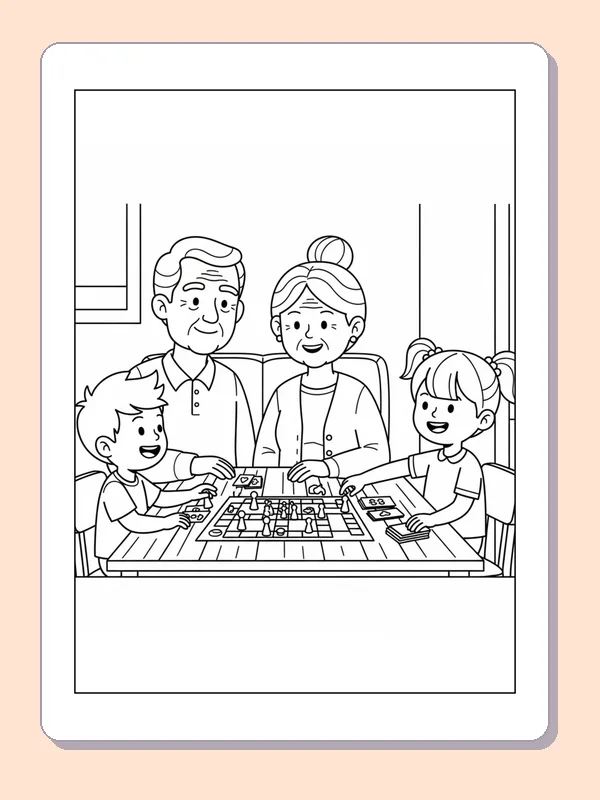 Black and white printable family playing a table game coloring sheet
