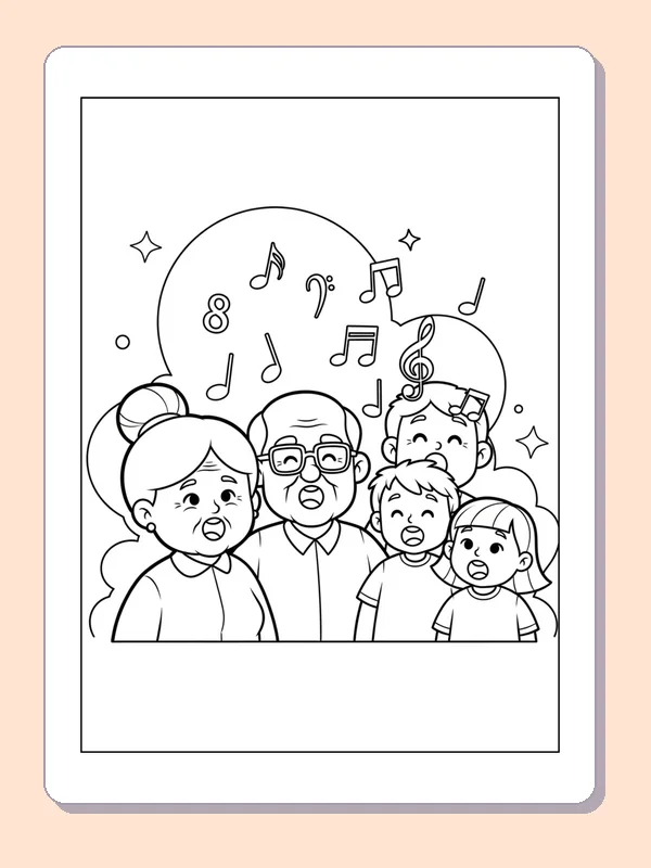 Black and white printable family singing together coloring sheet