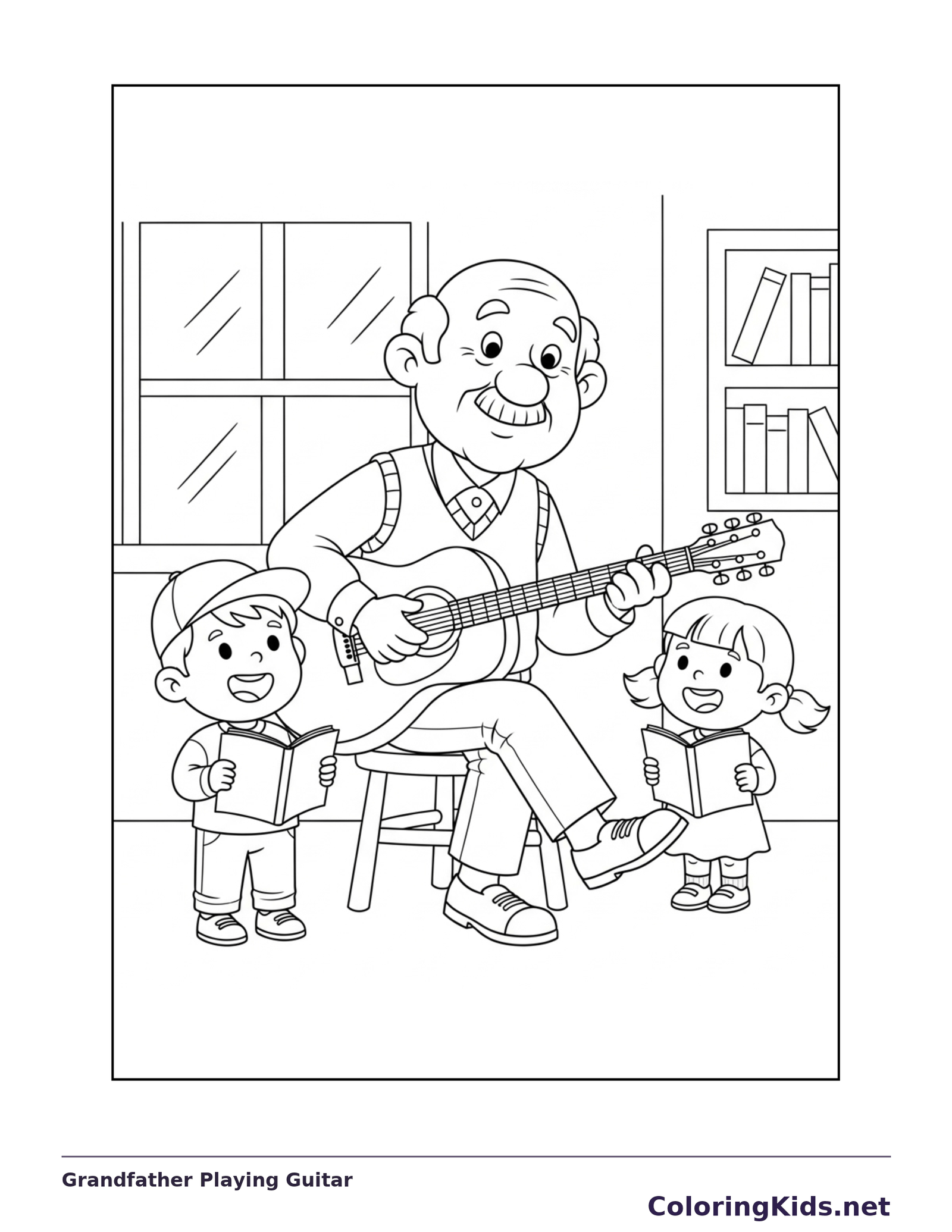 Black and white printable grandfather playing guitar coloring sheet