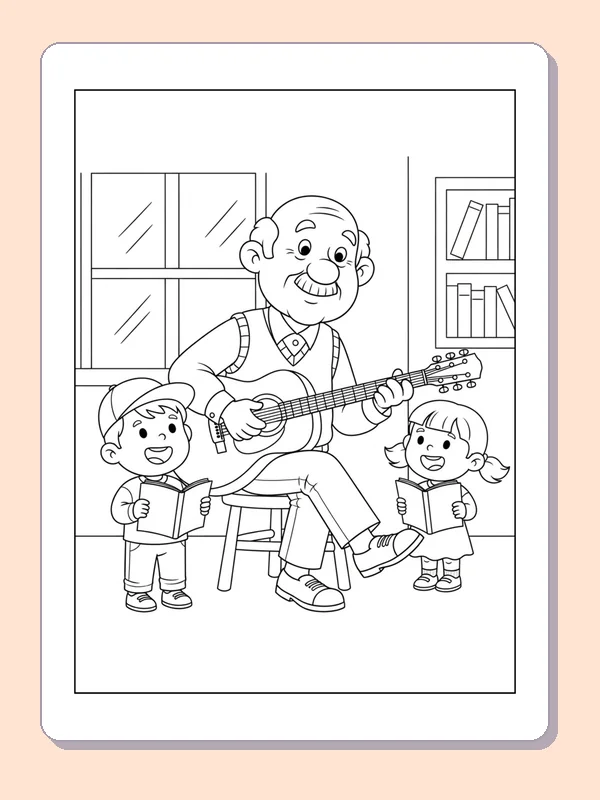Black and white printable grandfather playing guitar coloring sheet