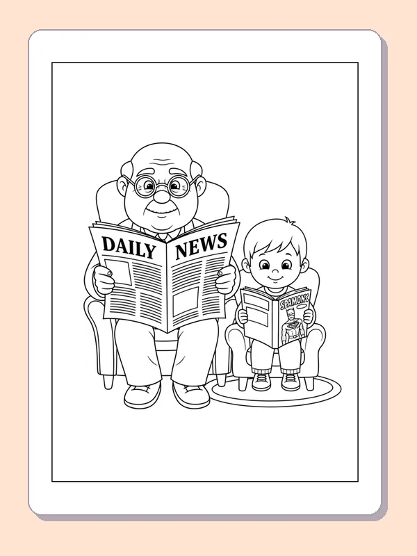 Black and white printable grandfather reading the news coloring sheet