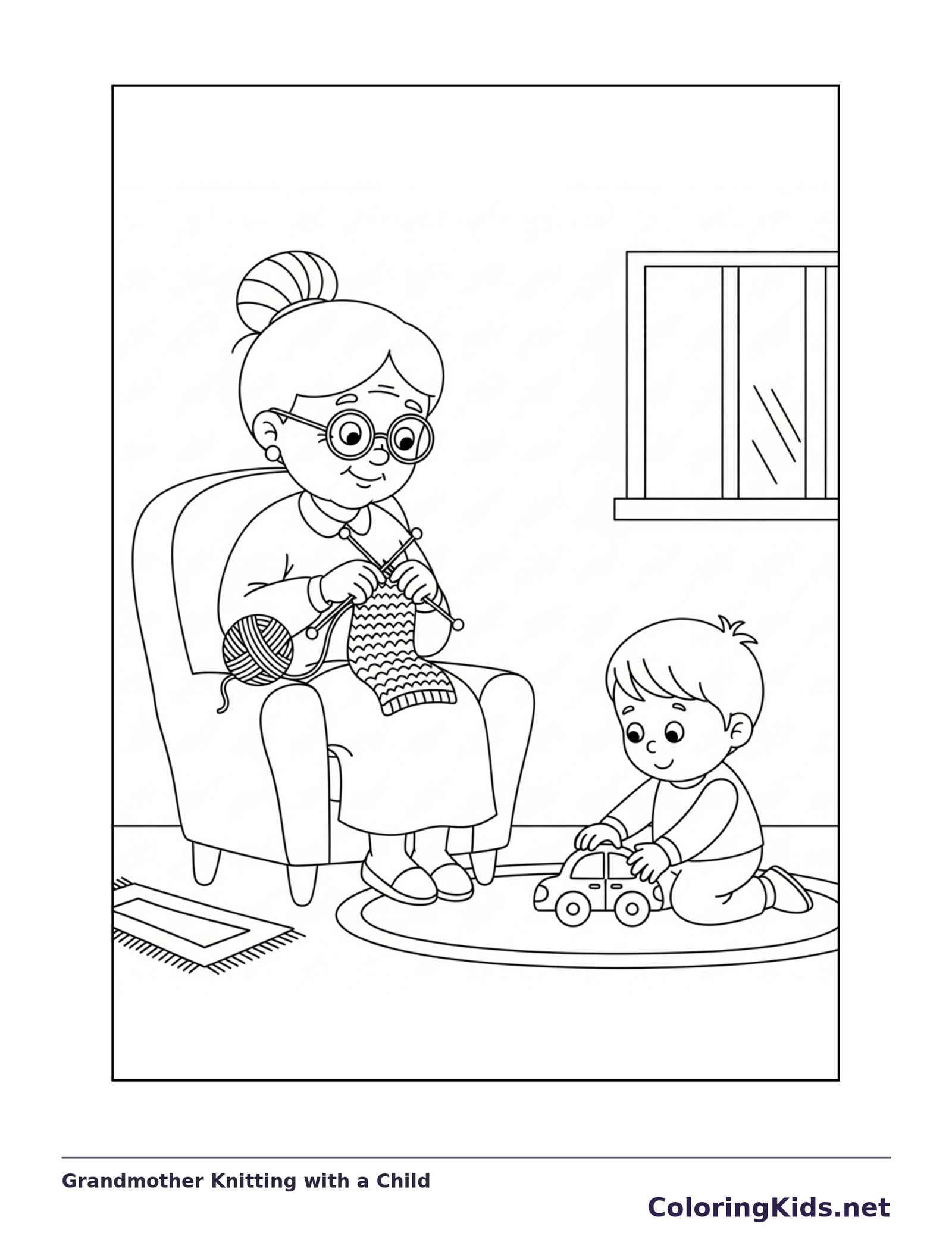 Black and white printable grandmother knitting with a child coloring sheet