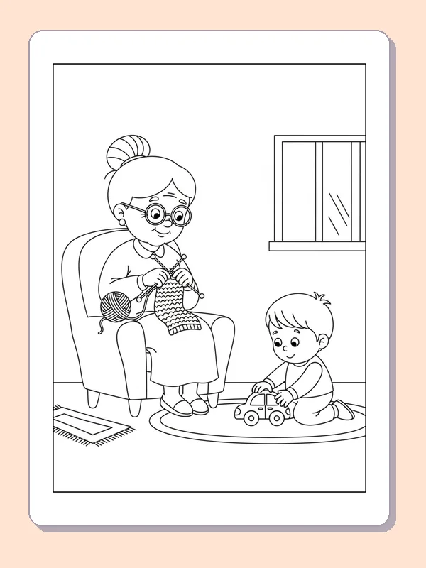 Black and white printable grandmother knitting with a child coloring sheet