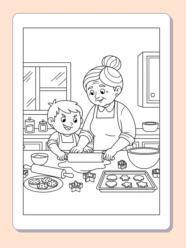 Black and white printable grandmother mixing cookie dough coloring sheet