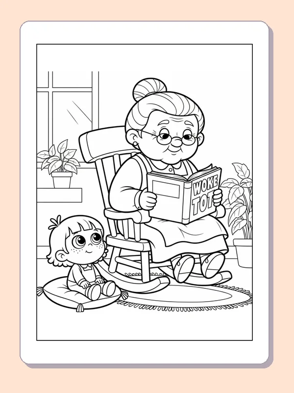 Black and white printable grandmother reading in a rocking chair coloring sheet