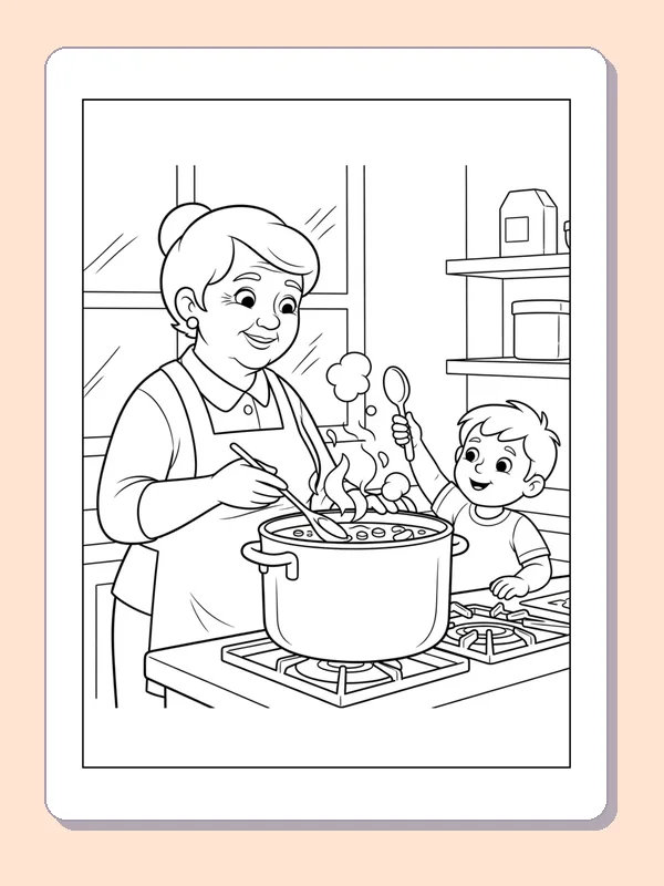 Black and white printable grandmother stirring a pot coloring sheet