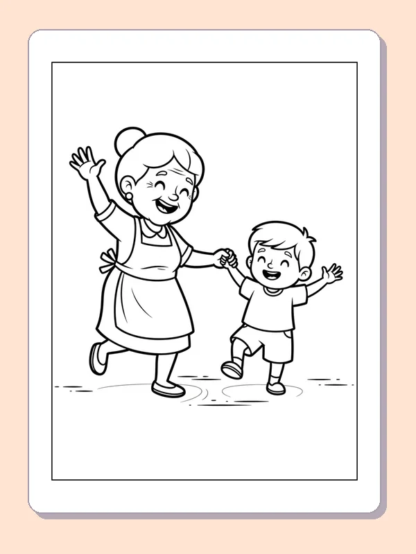 Black and white printable grandmother walking with a child coloring sheet
