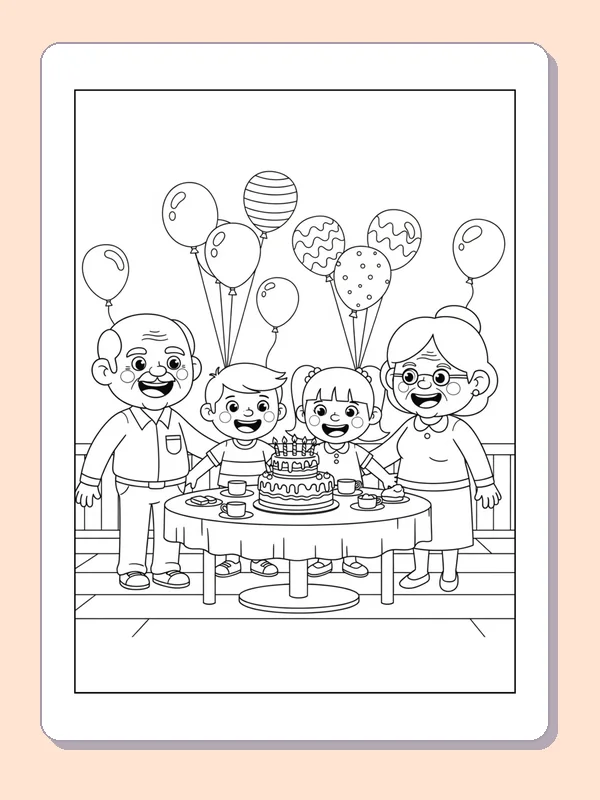 Black and white printable grandparents day cake coloring sheet