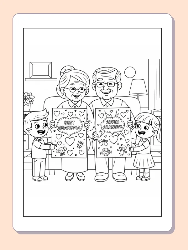Black and white printable grandparents holding handmade cards coloring sheet