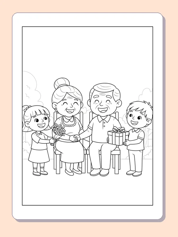 Black and white printable grandparents opening gifts coloring sheet