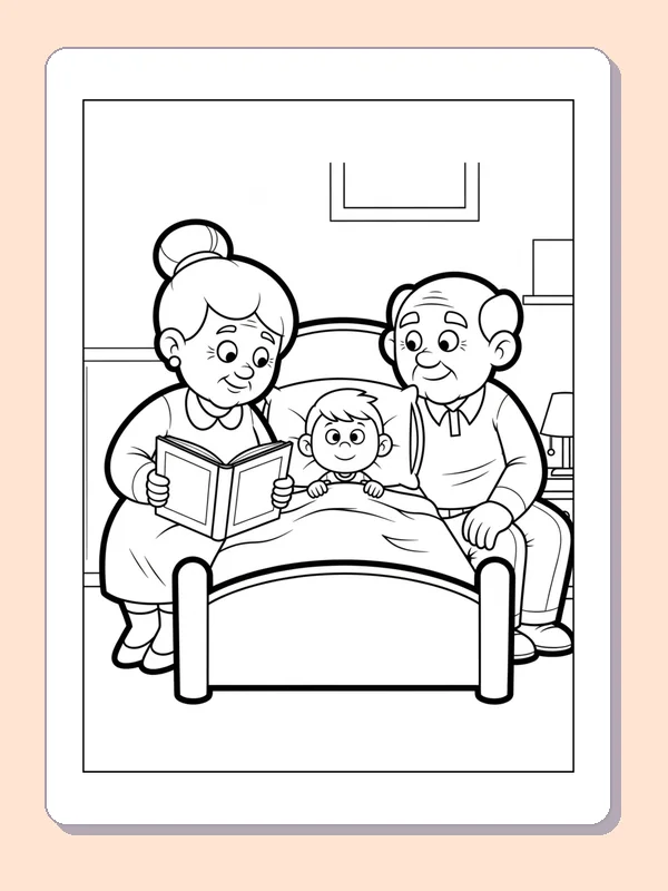 Black and white printable grandparents reading at bedtime coloring sheet