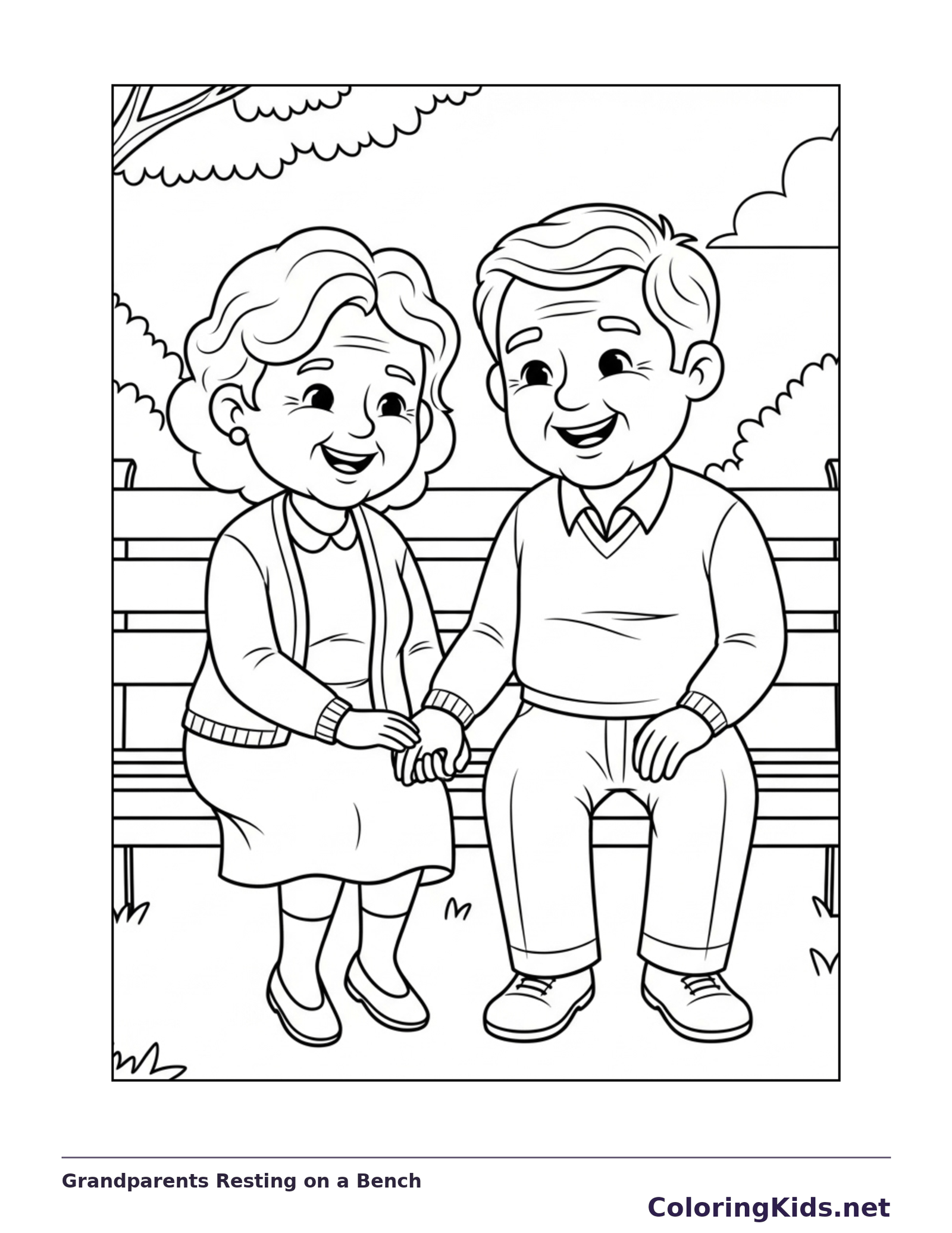 Black and white printable grandparents resting on a bench coloring sheet