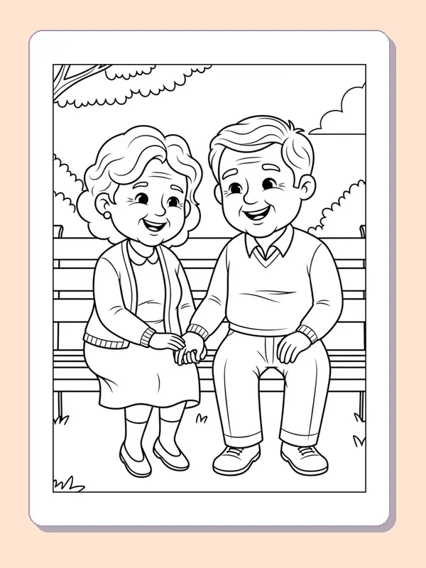 Grandparents Resting on a Bench coloring page preview